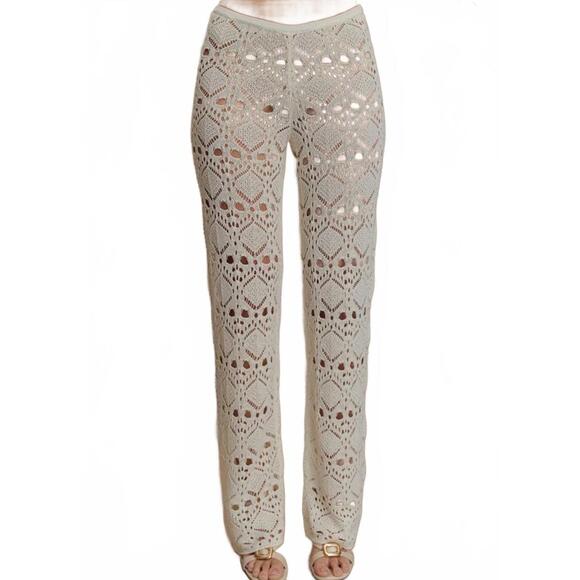 Meshki Pants - Meshki Trena Ivory Crochet Knit Pants Mid Rise Straight Leg Unlined Size Large